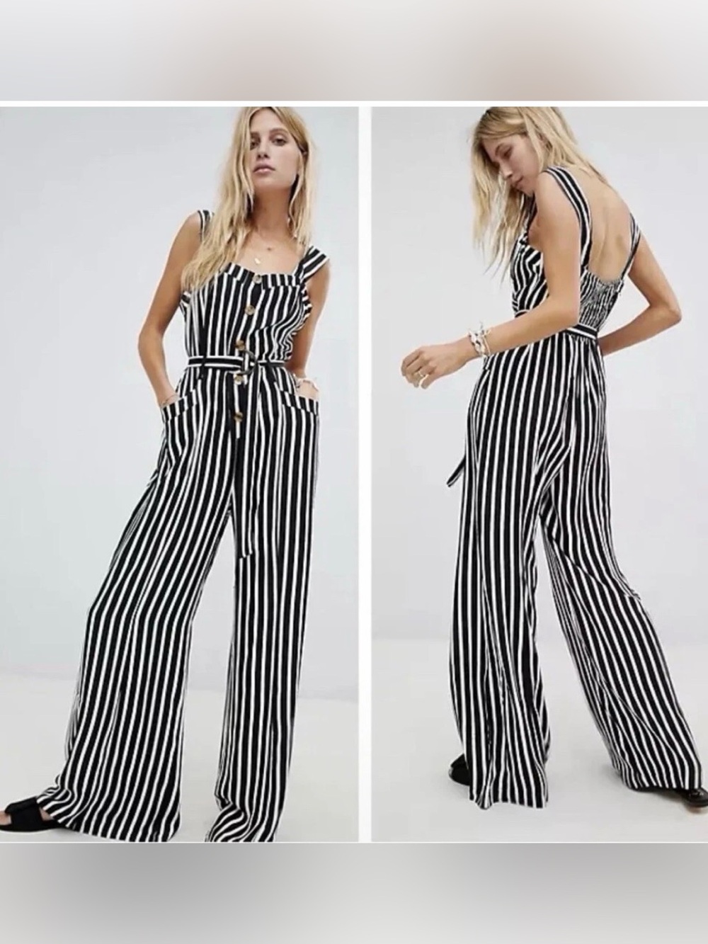 Free People City Girl Black Vertical Stripe Jumpsuit